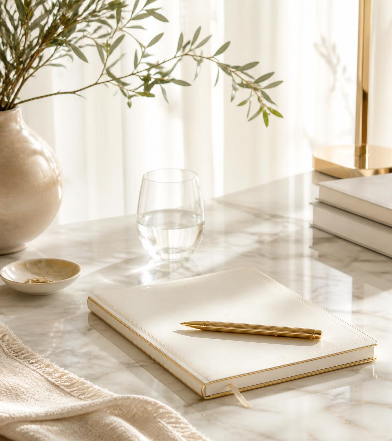 A bright, sunlit marble table with a cream planning journal, gold pen, and olive branch